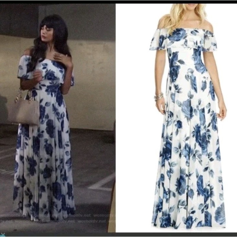 After Six 6 Indigo Rose Floral Chiffon Off The Shoulder Gown Formal Dress 6763